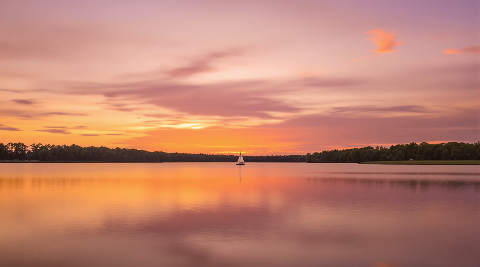 Calm Lake Norman sunset over the water with a distant sailboat