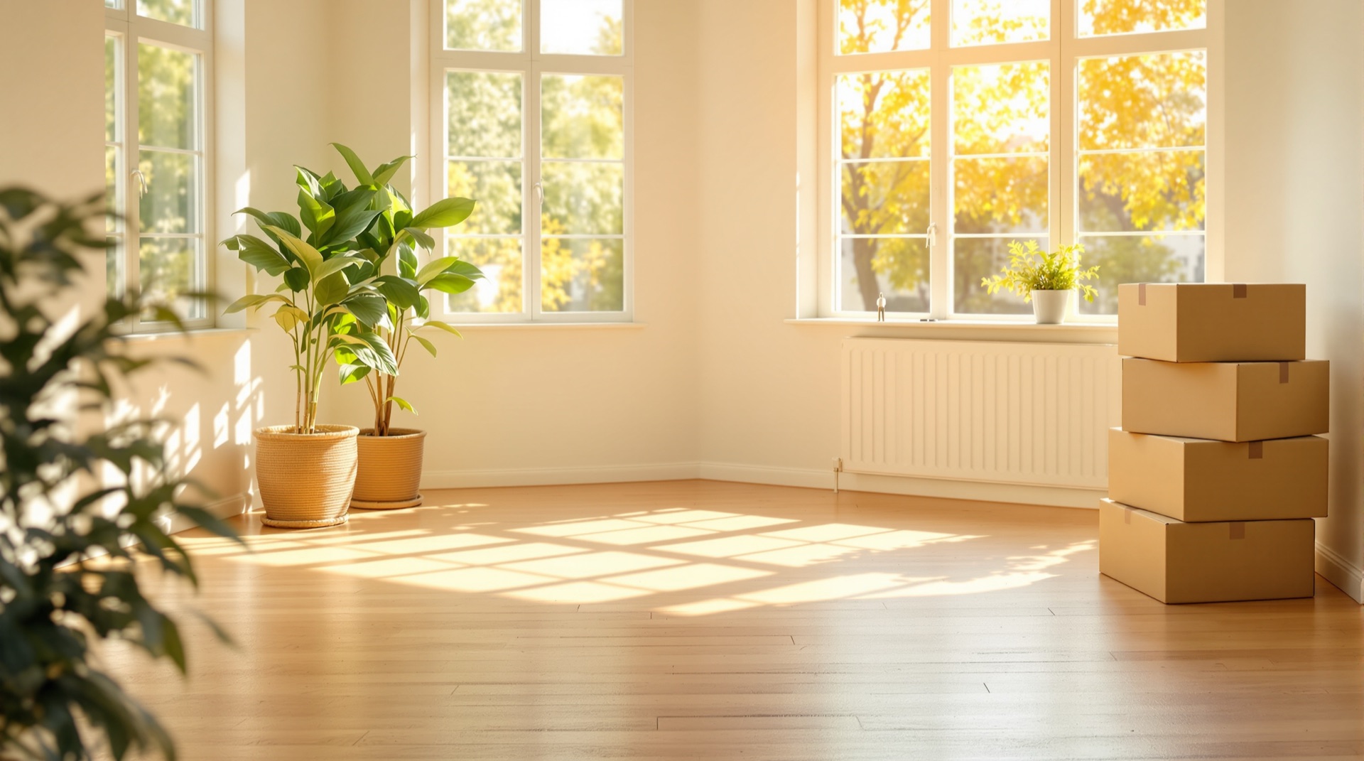 Sunlit living room with moving boxes on a first home move-in day