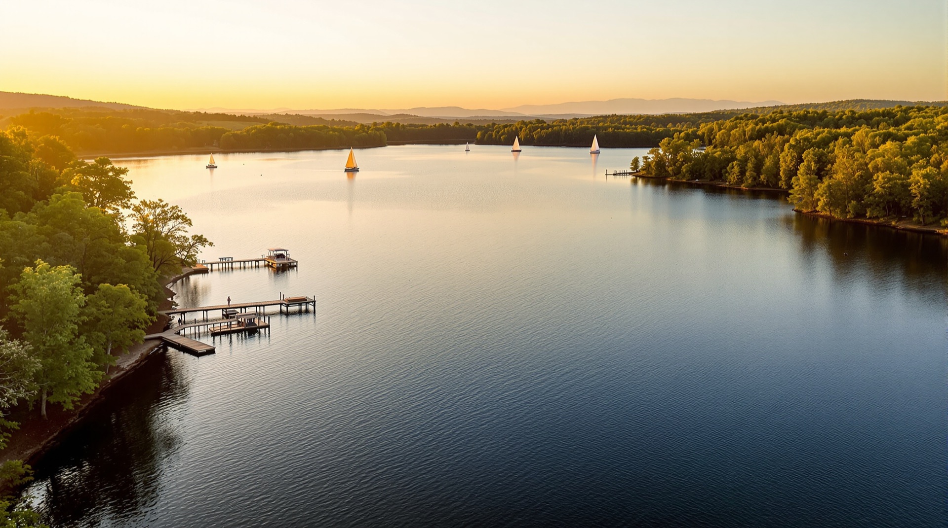 Golden-hour view across Lake Norman with wooded shoreline and docks near Mooresville, North Carolina