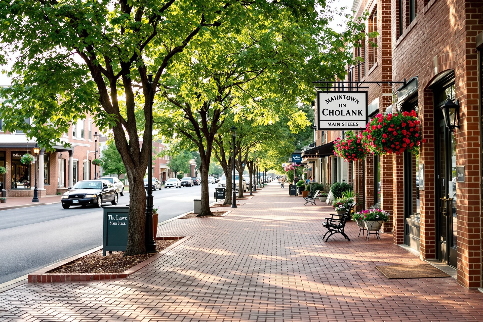 Tree-lined small-town Main Street with brick storefronts near Mooresville