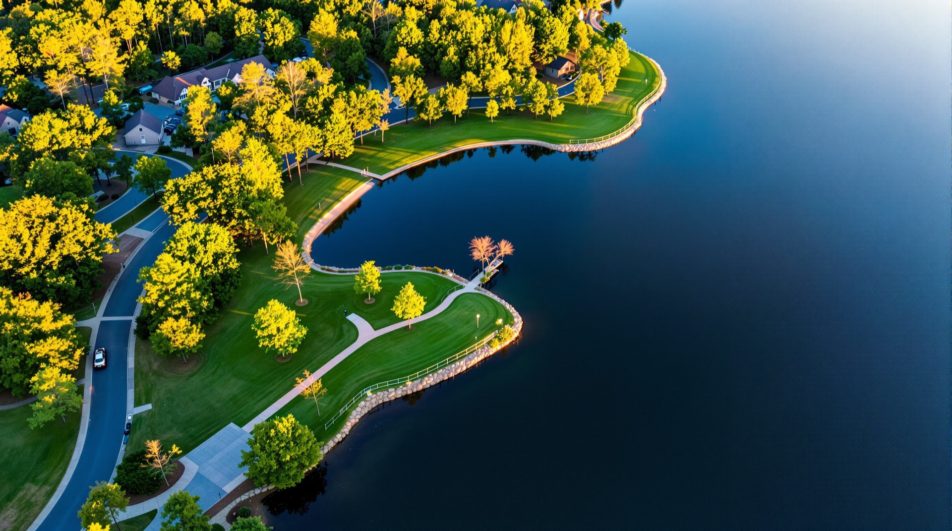 Aerial view of a lakeside Lake Norman community with parks and neighborhoods