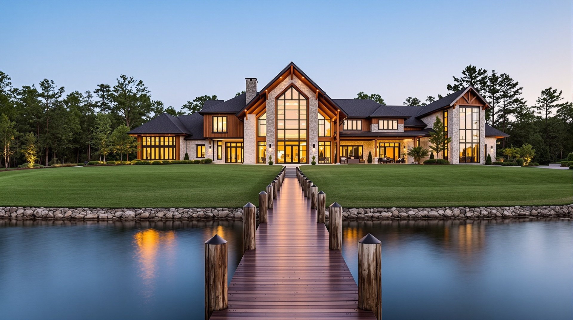 Modern luxury lakefront home with large windows and a private dock on Lake Norman