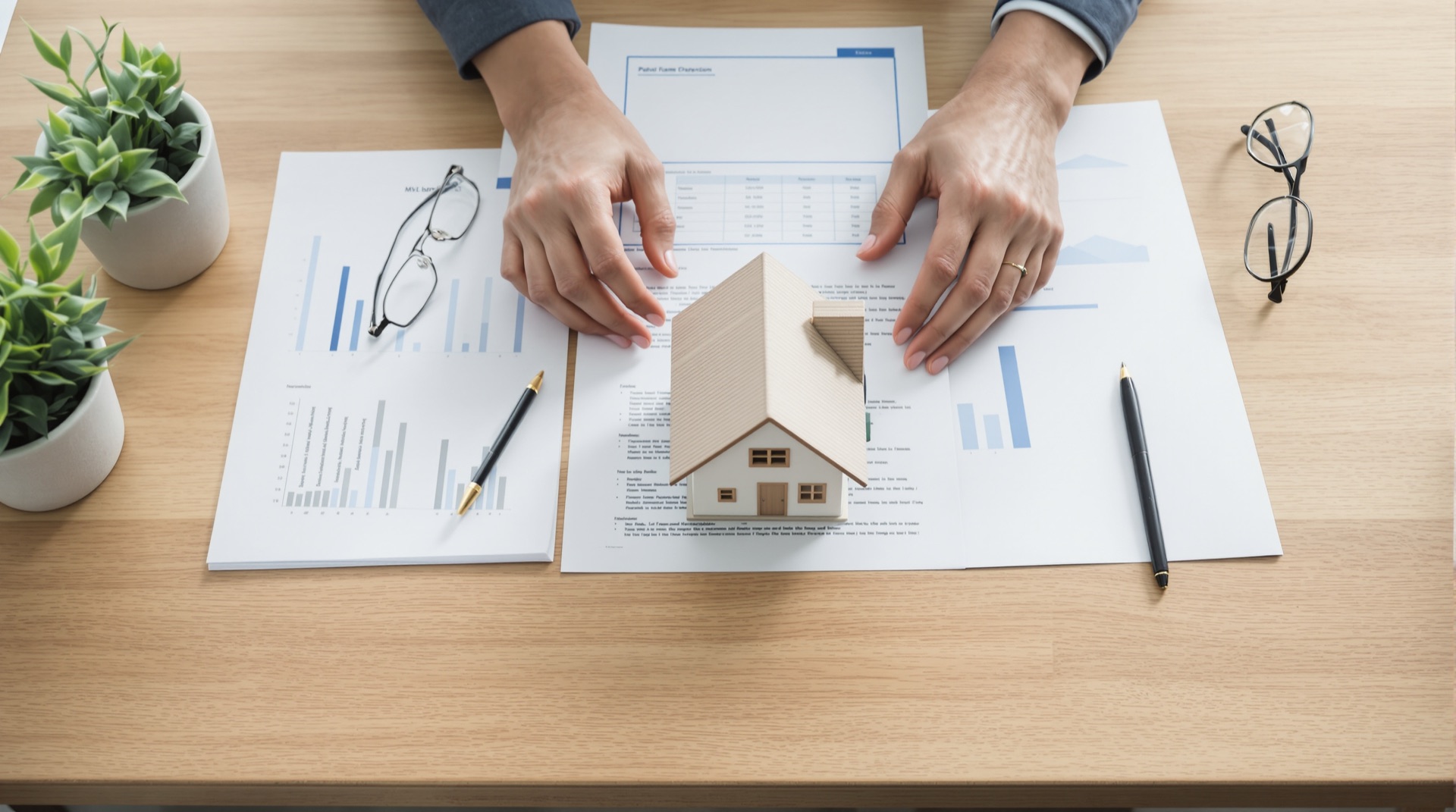 Reviewing real estate documents at a table with a small model house