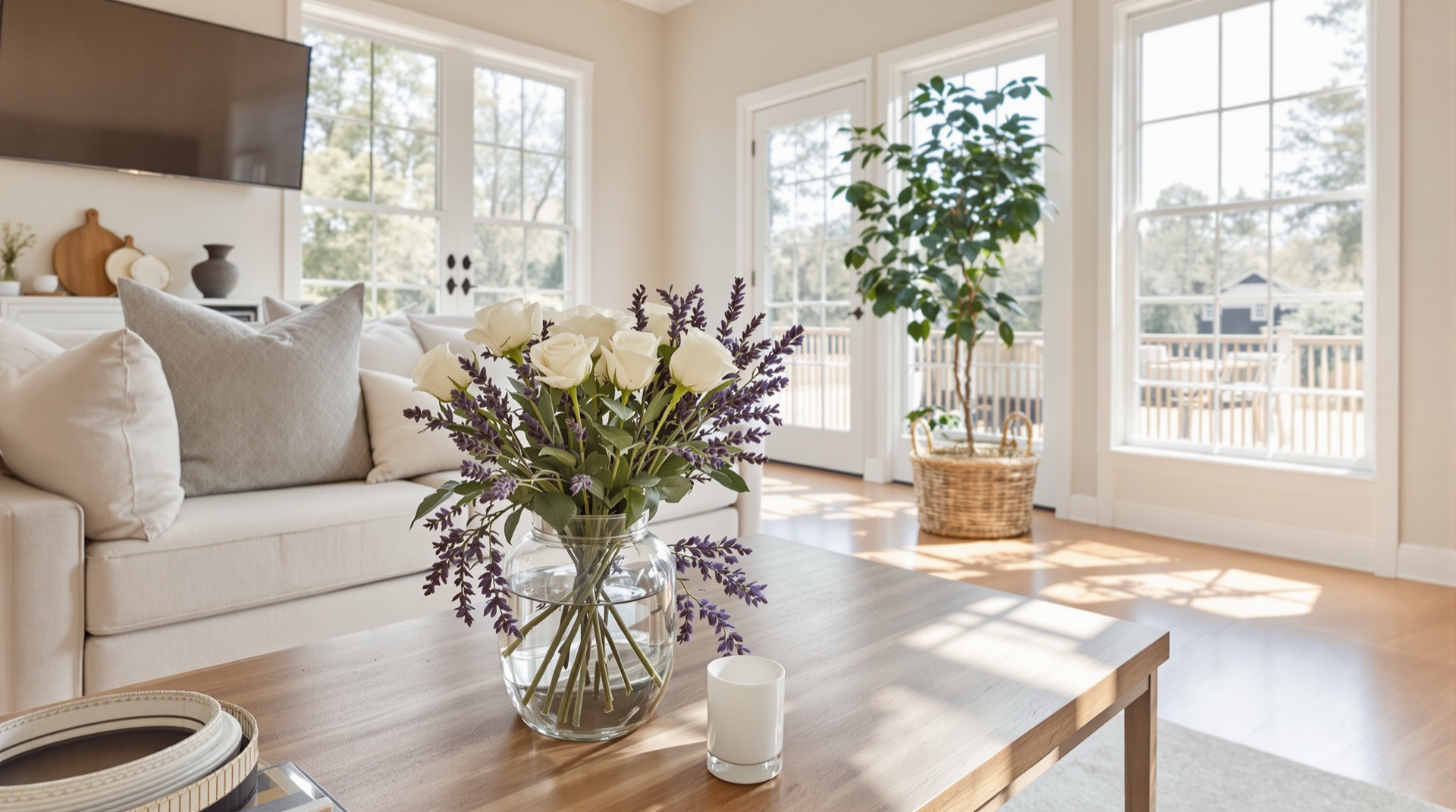 Bright staged living room prepared for sale in the Lake Norman area
