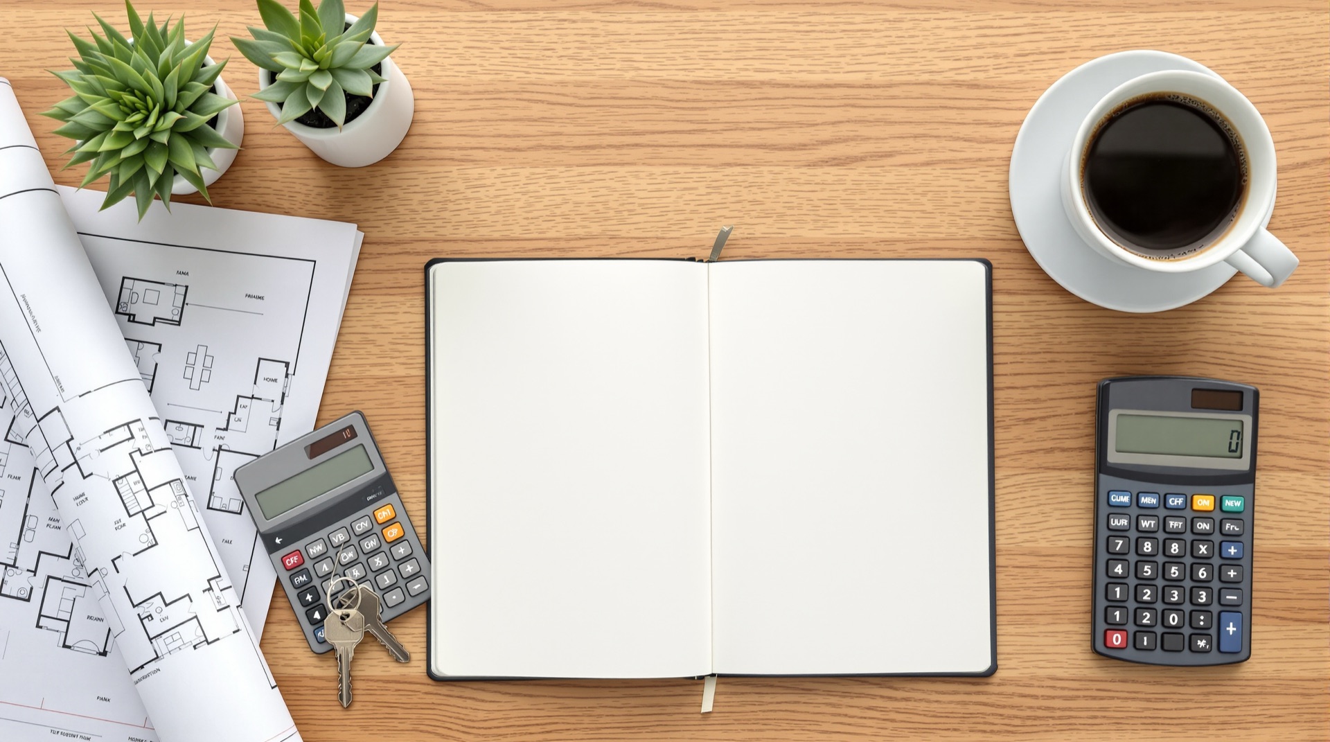 Flat-lay of a home-buying planning desk with notebook, calculator and keys