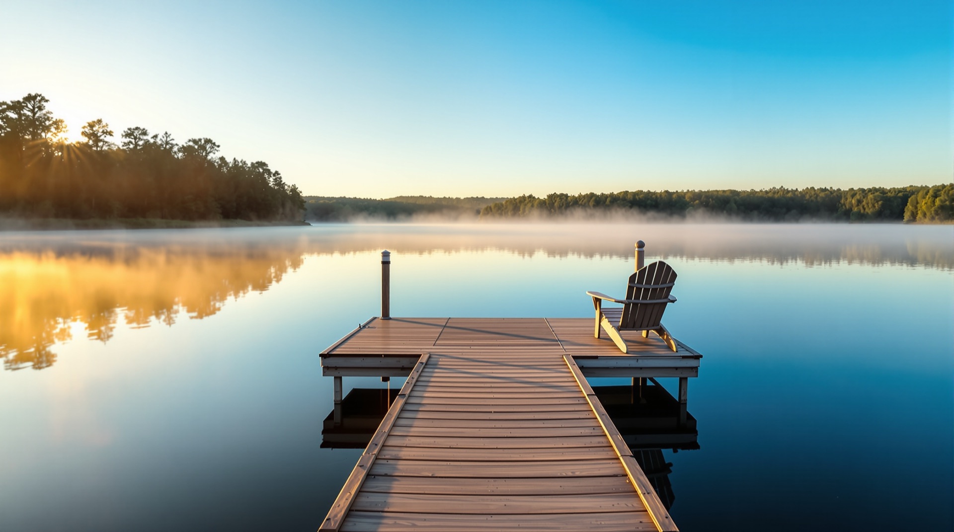 Wooden boat dock with Adirondack chairs reaching into calm Lake Norman water at sunrise
